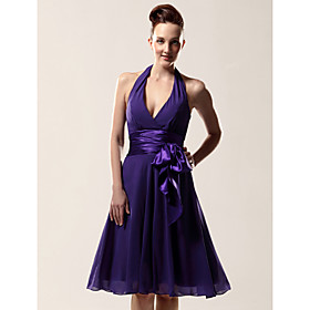 A-line Halter Knee-length Chiffon Matte Satin Bridesmaid/ Wedding Party Dress (SHL008)
