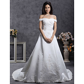 Princess A-line Off-the-shoulder Court Train Satin Organza Wedding Dress (HSGX019)