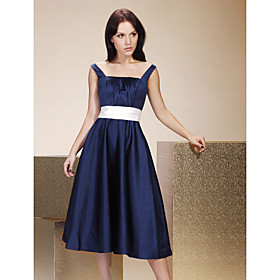 A-line Straps Tea-length Satin Bridesmaid/ Wedding Party Dress (FSD0394)