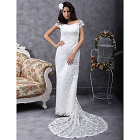 Sheath / Column Off-the-shoulder Court Train Lace Satin Wedding Dress