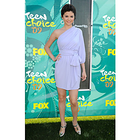 Selena Gomez Sheath/ Column One Shoulder Short/ Mini Elastic Silk-like Satin Cocktail Dress (FSH02406)