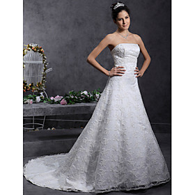 A-line/ Princess Strapless Court Train Lace Over Satin Wedding Dress