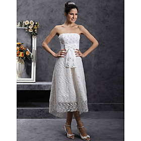 A-line Strapless Asymmetrical Tea-length Wedding Dress with Beaded Embroidery (WGY0001)