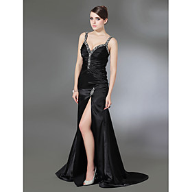 A-line Straps Court Train Elastic Satin Evening Dress (FSF08428)