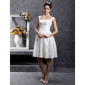 A-line Off-the-shoulder Sleeveless Lace Taffeta Knee-length Wedding Dress (W90924)