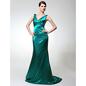 Sheath/ Column V-neck Floor-length Train Elastic Silk-like Satin Bridesmaid Dress (HSX058)