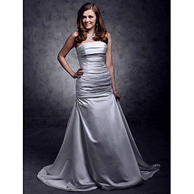 Trumpet/ Mermaid Strapless Sweep/ Brush Train Satin Ruched Wedding Dress (WSY02455)