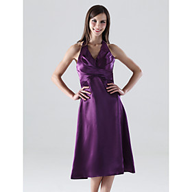 A-line Halter Tea-length Satin Bridesmaid/ Wedding Party Dress