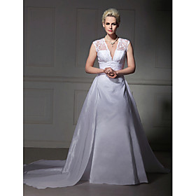 A-line V-neck Taffeta Lace Court Train Wedding Dress (WSA11548)