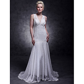 Trumpet/ Mermaid V-neck Sweep/ Brush Train Lace Over Elastic Woven Satin Wedding Dress (WSY02457)
