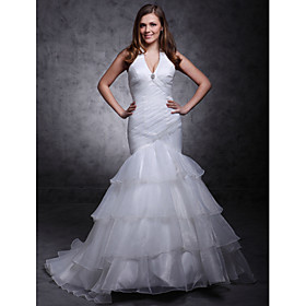 Trumpet/ Mermaid Halter Sweep/ Brush Train Organza Over Satin Tiered Wedding Dress (WSY02456)