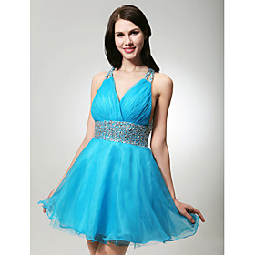 A-line V-neck Short/ Mini Satin Organza Cocktail Dress (FSM04560)