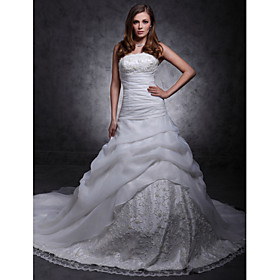 A-line Strapless Cathedral Train Organza Over Satin Wedding Dress with Split Front (WSM04452)