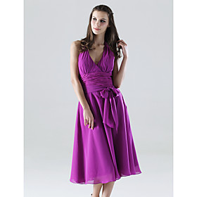 A-line Halter Tea-length Chiffon Matte Satin Bridesmaid/ Wedding Party Dress