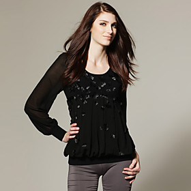 Knit Splicing Woven Flower Beaded Long Sleeve Pullover / Women's Sweaters (FF-F-BLtb1100004)