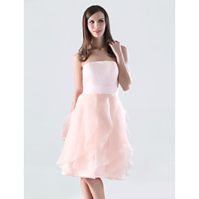 A-line Strapless Knee-length Organza Over Satin Bridesmaid/ Wedding Party Dress