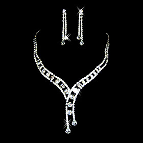 Category: Jewelry Sets Gender: Ladies' Occasion: Anniversary, Wedding, Engagement, Birthday, Gift, Party Material type: Alloy Gemstones: Rhinestone Material Colors: Silver Gemstones Colors: Clear Length of Necklace: 11.8 quot;-15.7 quot;(Approx.30cm-40cm) Necklace Closure Type: Lobster Clasp Length of Earrings: 1.57 quot;(Approx.4cm) Width of Earrings: 0.2 quot;(Approx.0.5cm) Earrings Type: Pierced Tips: Color amp; Style representation may vary by monitor. Not responsible for typographical or pictorial errors, The necklace and earrings can be worn together or by themselves. Net Weight: 0.1Kg Shipping Weight: 0.25Kg Gorgeous Czech Rhinestones With Alloy Plated Wedding Jewelry Set,Including Necklace And Earrings