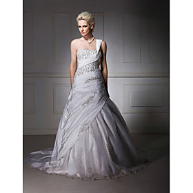 Ball Gown One Shoulder Taffeta Chapel Train Wedding Dress (WSM04546)