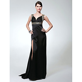 Sheath/ Column V-neck Sweep/ Brush Train Elastic Silk-like Satin Evening Dress (FSH1102022)