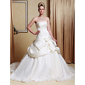 A-line Strapless Chapel Train Satin Tulle Pick-up Wedding Dress