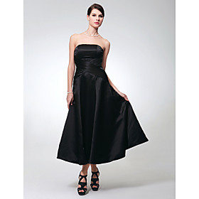 A-line Strapless Tea-length Satin Bridesmaid/ Wedding Party Dress