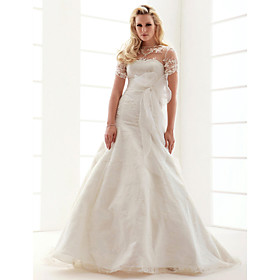 A-line Jewel Court Train Satin Wedding Dress (WSM04577)