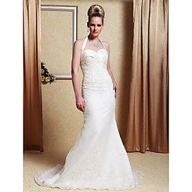 Trumpet/ Mermaid Halter Sweep/ Brush Train Satin Organza Wedding Dress (MZY017)