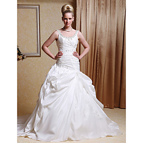 Ball Gown Scoop Court Train Taffeta Pick-up Wedding Dress with Split Front (WSM04242)