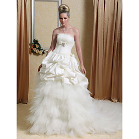 Ball Gown Strapless Chapel Train Satin Tulle Wedding Dresses for Bride 2009 Style (WGY0070)