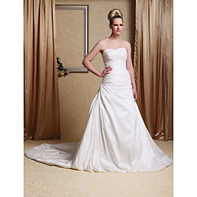 A-line Side-Draped Taffeta Wedding Dress with Beaded Appliques