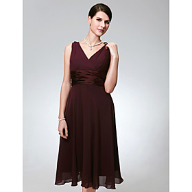 2009 Style A-line V-neck Tea-length Chiffon Matte Satin Bridesmaid/ Wedding Party Dress (HSX156)