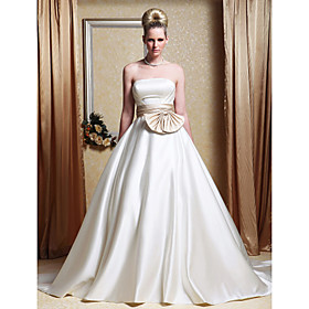 A-line Strapless Court Train Satin Wedding Dress with Ribbon (HSX138)