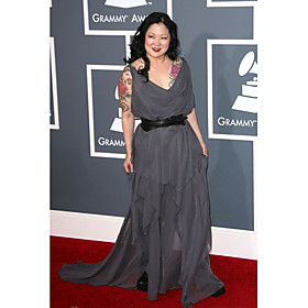 Margaret Zhou Sheath/ Column V-neck Sweep/ Brush Train Chiffon Grammy/ Evening Dress (FSM04607)