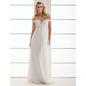 Empire Off-the-shoulder Floor-length Chiffon Wedding Dress With Crystal Floral Pin