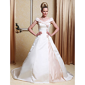 A-line Off-the-shoulder Court Train Satin Wedding Dress with Split Front (YCF135)