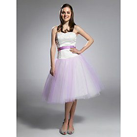 Ball Gown Sweetheart Knee-length Satin Tulle Wedding Dress (YCF141)