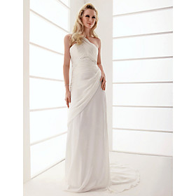 Sheath/ Column One Shoulder Sweep/ Brush Train Chiffon Wedding Dress (WSM04575)