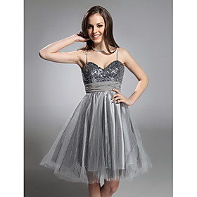 A-line Spaghetti Straps Short/ Mini Sequined Taffeta Tulle Cocktail Dress (FSH1102015)