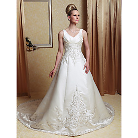 Ball Gown V-neck Court Train Satin Embroidery Wedding Dress (WSW0319)