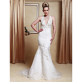 Trumpet/ Mermaid Halter Court Train Satin Organza Wedding Dress (HSX032)
