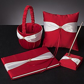 Wedding Collection: Guestbook, Pen Set, Ring Pillow, Flower Basket Themes: Garden Theme Seasons: Summer, Autumn Color: Red Covering Fabric: Satin Embellishment: Bow, Crystal Guestbook Size: 8 1/3 quot; times;6 1/3 quot;(21cm x 16cm) Guestbook Specification: 1 page is for the bride and groom1 page is for the Bride's family1 page is for the Groom rsquo;s family1 page is for the Maid of Honour, Bridesmaids and Flower girl1 page is for the Best Man, Groomsmen and the Ring Bearer Guestbook Pages: 70 Pages Pen Holder Size: 3 1/2 quot; times;3 1/2 quot; times;3/4 quot; (9cm x 9cm x 2cm) Ring Pillow Size: 8 quot; times;8 quot; (20cm x 20cm) Flower Basket Size: 8 quot; tall(20cm tall) Net Weight (Kg): 0.40 Shipping Weight (Kg): 0.50 Tips: A must-have wedding accessory piece that adds a sweet touch to your wedding day., Perfect for weddings, bridal showers or any special event.