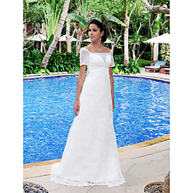 Sheath / Column Scoop Sweep / Brush Train Satin Lace Wedding Dress (WSW0140)