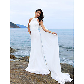 Sheath/ Column Halter Watteau Train Chiffon Satin Wedding Dress
