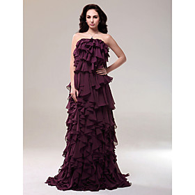 Sheath/ Column Strapless Sweep/ Brush Train Chiffon Elastic Woven Satin Evening Dress(FSF0841)