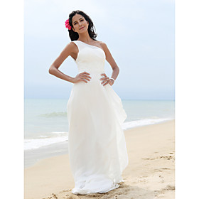 Sheath/ Column One Shoulder Sweep/ Brush Train Chiffon Satin Wedding Dress