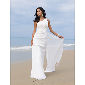 Sheath/ Column One Shoulder Floor-length Watteau Train Chiffon Satin Wedding Dress