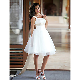 A-line Bateau Sleeveless Satin Tulle Knee-length Wedding Dress