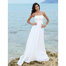 Sheath/ Column Empire Halter Court Train Chiffon Over Satin Wedding Dress