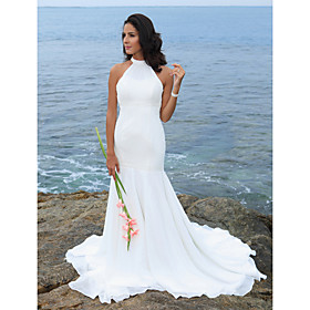 Trumpet/ Mermaid Halter Sweep/ Brush Train Chiffon Over Satin Wedding Dress