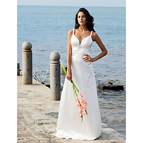 Sheath/ Column Straps V-neck Court Train Elastic Woven Satin Wedding Dress